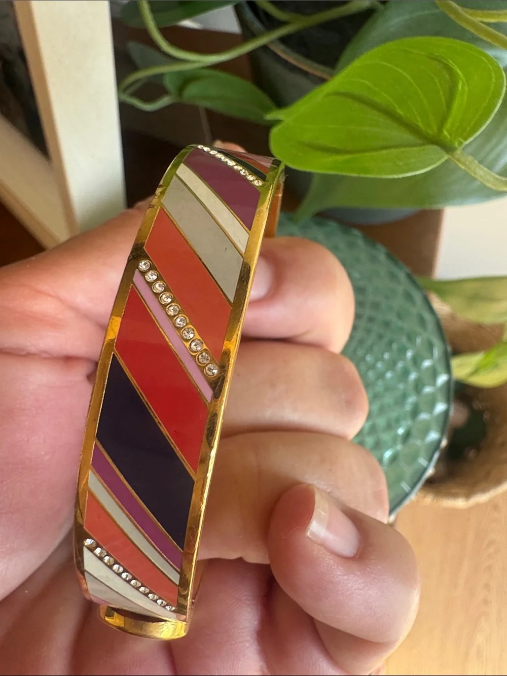 Coach Gold-Tone Enamel Stripe Bangle - Pink, White, Black